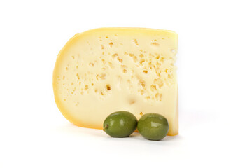 Sticker - Closeup shot of appetizing cheese with green olives isolated on a white background