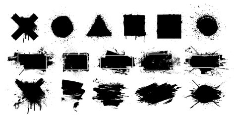 Fototapete - Black grunge splashes stencil with frame. Graffiti spray paint, different shapes. Dirty artistic design elements with frame for text. Grunge box with ink brush strokes and spray splash. Vector set