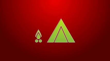 Poster - Green line Tourist tent with wood fire icon isolated on red background. Camping symbol. 4K Video motion graphic animation