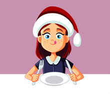 Hungry Girl Ready To Eat At Christmas Dinner