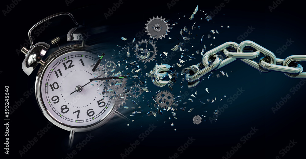 time clock breaking in  flying pieces time pass memory loss future new era feelings  gears free freedom psychology war - obrazy, fototapety, plakaty 