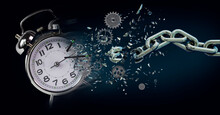 time clock breaking in  flying pieces time pass memory loss future new era feelings  gears free freedom psychology war