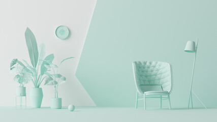 Interior of the room in plain monochrome pastel blue color with furnitures and room accessories. Light background with copy space. 3D rendering for web page, presentation or picture frame backgrounds.