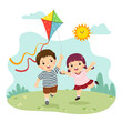 Vector illustration cartoon of a little boy and girl flying the kite. Siblings playing together.