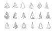 Christmas tree line drawing. Fir tree symbol, vector icon. Holiday design elements isolated on white. Simple shape concept. For winter season cards, New year party posters and banners.