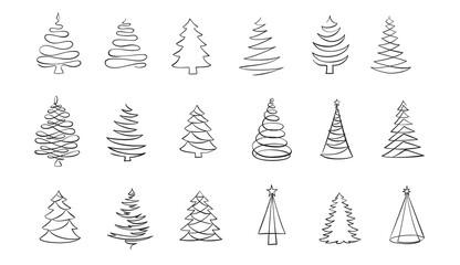 Christmas tree line drawing. Fir tree symbol, vector icon. Holiday design elements isolated on white. Simple shape concept. For winter season cards, New year party posters and banners.