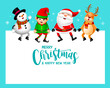 © wowow - Funny Christmas Characters design, Santa Claus, Snowman, Reindeer and little elf. Merry Christmas and Happy new year concept. Illustration on blue background.