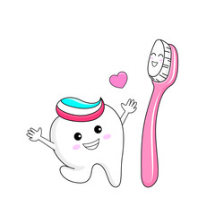 Cute cartoon tooth character with toothbrush. Dental care concept. Vector illustration.