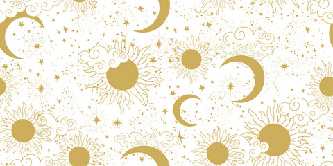 Wall Mural - Seamless golden space pattern with sun, crescent, planets and stars on a white background. Mystical ornament of the mystical sky for wallpaper, fabric, astrology, fortune telling. Vector illustration