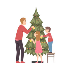 Canvas Print - Father and his Kids Decorating Christmas Tree, Happy Family Preparing for Holiday Celebration, Merry Xmas and New Year Cartoon Style Vector Illustration