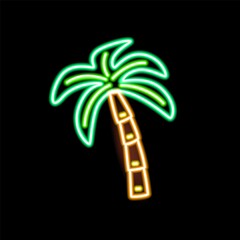 Wall Mural - Neon sign of palm on black background. Fluorescent tropical tree symbol. Decorative glowing illuminated element. Outline vector illustration of electric sign