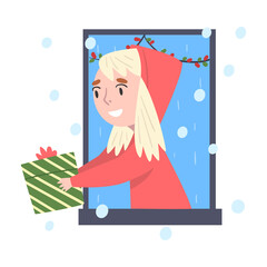 Canvas Print - Smiling Blonde Girl Looking out of the Window, Kid Giving Christmas Gift to her Friend, Merry Xmas and New Year, Happy Winter Holidays Concept Vector Illustration