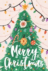 Greeting Xmas card with Merry Christmas inscription and fir tree decorated with light garland, stars and ornaments in retro style. Hand drawn colorful flat vector illustration