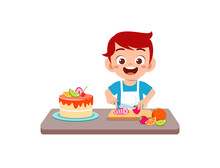 Happy Cute Little Kid Boy And Girl Cooking A Birthday Cake