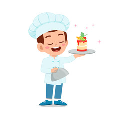 Sticker - happy cute little kid boy and girl wear chef uniform and cooking a birthday cake