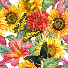 Seamless Patterns Of Butterflies, Sunflowers, Pink Lily, Blackberries, Leaves. Watercolor Floral Design