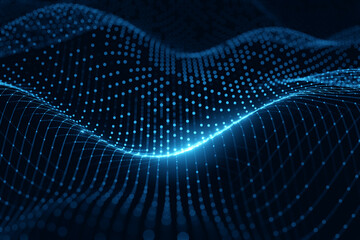 Moving neon blue wireframe pattern forming a digital network connection on dark background
