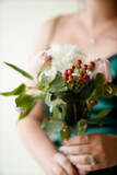 Fototapeta Tulipany - bouquet, wedding, flower, woman, bride, rose, flowers, holding, pink, dress, white, bridal, hand, beautiful, beauty, love, red, floral, young, hands, bunch, green, romance, roses, marriage