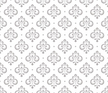 Wallpaper In The Style Of Baroque. Seamless Vector Background. White And Gray Floral Ornament. Graphic Pattern For Fabric, Wallpaper, Packaging. Ornate Damask Flower Ornament.