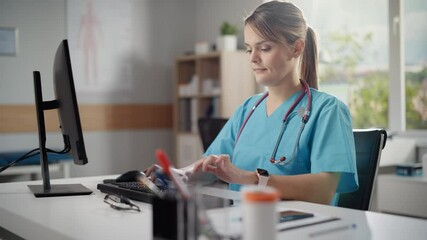 Poster - Hispanic Doctor's Office: Female Head Nurse Sitting at Her Desk Working on Personal Computer. Medical Health Care Specialist Filling Prescription Forms, Checking Analysis Test Results. Arc Shot