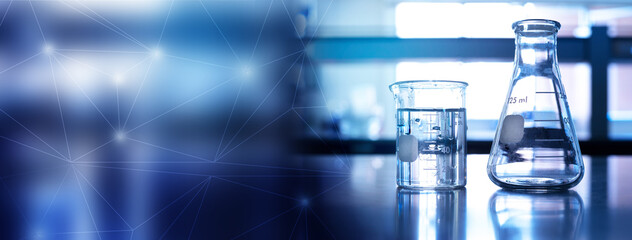 Wall Mural - flask and beaker in medical health science line of technology banner background