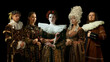Medieval people as a royalty persons in vintage clothing posing proud and confident on dark background. Concept of comparison of eras, modernity and renaissance, baroque style. Creative collage.