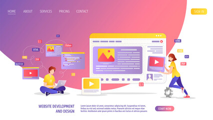 People working on the website development and design. Web agency, website builder,  programmer, web designer concept. Vector illustration for banner, presentation, advertising, poster.