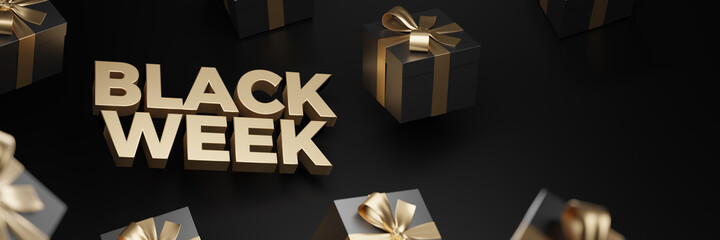 3d rendering of Black Week Super Sale. Realistic black gifts boxes. Pattern with black gift box. Dark background golden text lettering. Horizontal banner, poster, header website. 