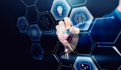 Business and technology modern telecommunication digital network access control, business man work flow holding graphical icon hologram autonomous, copy space banner city communication background