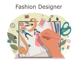 Fashion designer makes a sketch of clothes . Designing new collection in sewing studio. Clothing design concept. Creative atelier profession. Vector illustration