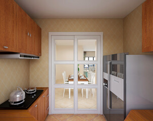 Modern family kitchen design, new cabinets and kitchenware with refrigerators, sunlight from the window.