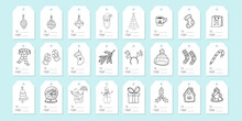 Large Set Of Tags For Gift Boxes. A Collection Of Labels With Christmas And Winter Elements Hand-drawn In Doodle Style. Black And White Vector Illustration Isolated On A White Background.