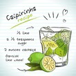 Caipirinha cocktail, vector sketch hand drawn illustration, fresh summer alcoholic drink with recipe and fruits 