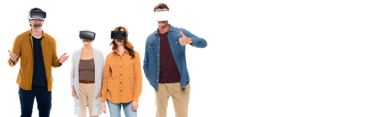 People in virtual reality headsets showing like isolated on white, banner