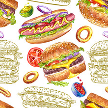 Seamless Pattern With Hamburgers, Cola And Hot Dogs On A White Background. Fast Food, Watercolor Illustration For The Menu, Print For Fabric, Wrapping Paper, Postcards And Other Designs.