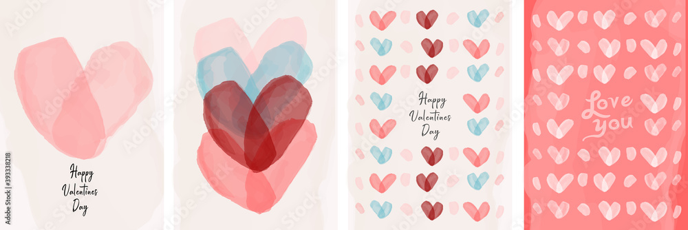 Set of vector cards for Valentine's day. Watercolor hearts drawn by a brush. Simple, minimalistic, holiday cards. - obrazy, fototapety, plakaty 