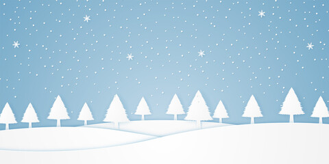 Wall Mural - landscape with trees and snow falling in winter season, white hill, paper art style