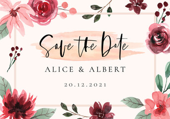 Wall Mural - Save the Date Watercolor Frame with Dark Red Florals