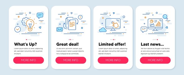 Set of Science icons, such as Bureaucracy, Touch screen, Idea gear symbols. Mobile screen mockup banners. Analytics graph line icons. Documents workflow, Web support, Technology process. Vector