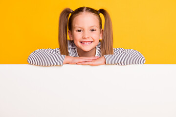 portrait of young smiling cheerful positive little girl child kid hold hands on white billboard bann