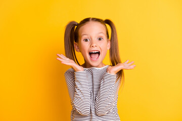 Portrait of young excited shocked crazy smiling girl child kid hold hands isolated on yellow color background