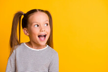 Portrait Of Happy Excited Amazed Open Mouth Kid Child Girl Look In Copyspace Isolated On Yellow Color Background