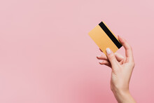Cropped View Of Woman Holding Credit Card Isolated On Pink
