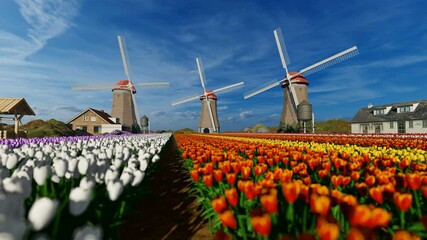 old windmill and colorful tulips on a dutch village