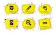 © blankstock - Data analysis, Clapping hands and Pencil icons simple set. Yellow speech bubbles with dotwork effect. Hdd, Quick tips and Education signs. Magnifying glass, Clap, Edit data. Vector