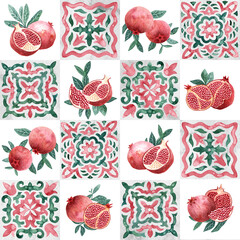 Pomegranates seamless pattern. Tile ornament for packaging. Watercolor print painted on paper. Grunge texture.