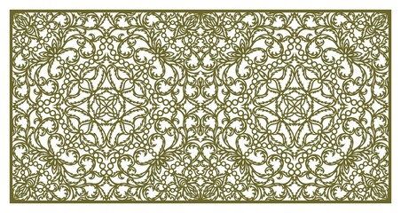 Wall Mural - Rectangular panel with delicate lace pattern. Floral oriental ornament of leaves, curls. Ratio is 1:2. Template for plotter laser cutting of paper, cardboard, plywood, wood carving, metal engraving.