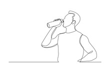 Continuous Line Drawing Of Sporty Man Drink Energy Water From Bottle. One Line Art Concept Of Healthy Life Style. Vector Illustration
