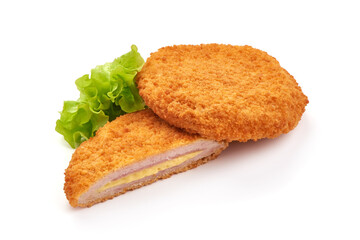 Fried Chicken Cordon bleu in breadcrumbs, isolated on a white background