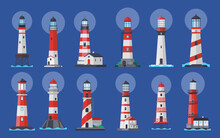 Lighthouse Or Beacon Searchlight Set, Vector Ship Navigation Tower Light. Lighthouses On Sea Water Or Cliff With Lamp Light, Sailor Ships Signal Beam In Port Harbor With Red Stripes